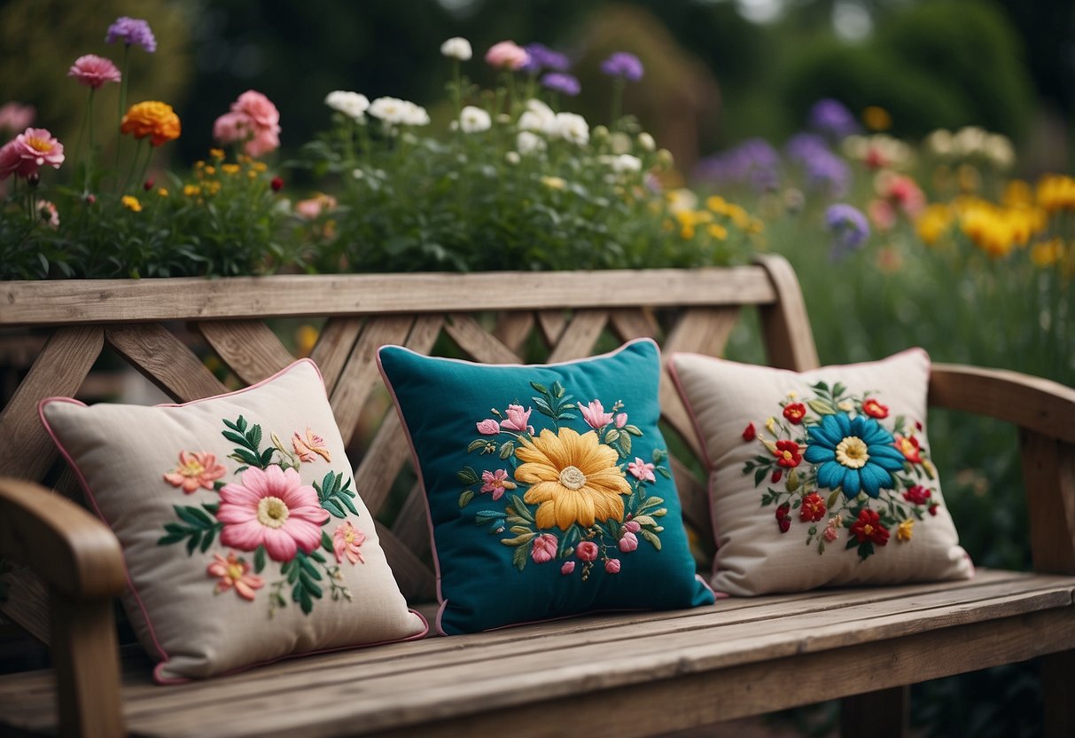 Colorful embroidered garden cushions arranged on a cozy bench surrounded by blooming flowers and lush greenery