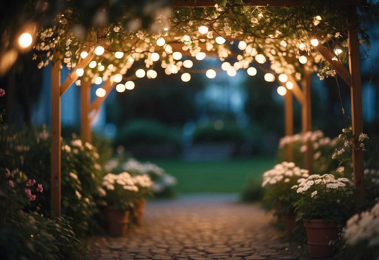 A garden filled with twinkling fairy lights, blooming flowers, and swirling vines, creating a whimsical and girly atmosphere