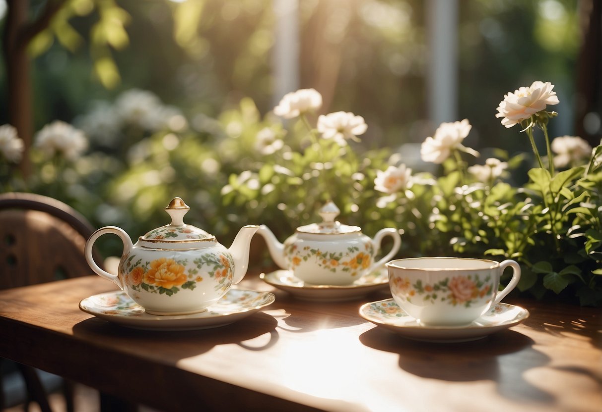 A floral tea set sits on a garden table, surrounded by blooming flowers and lush greenery. Sunlight filters through the leaves, casting a warm glow on the delicate porcelain