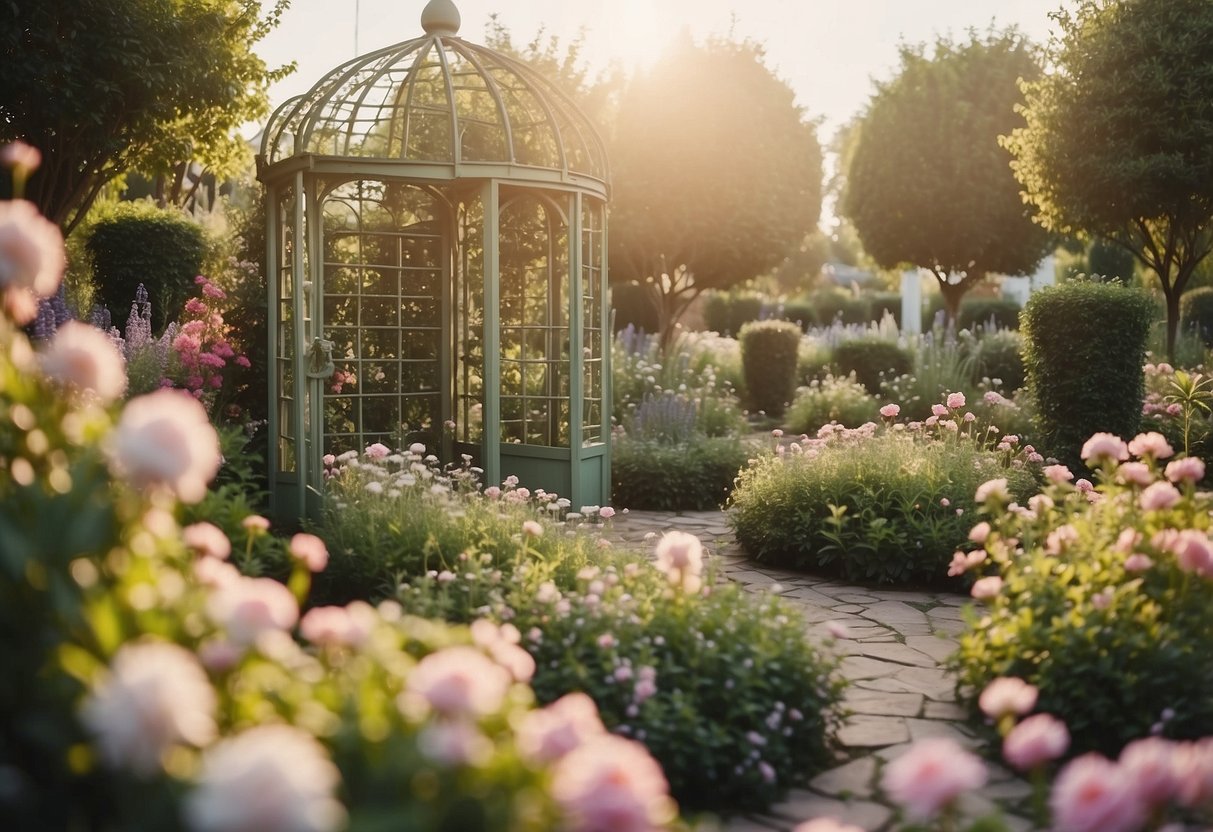 A quaint garden with a delicate trellis adorned with blooming flowers and vines, surrounded by whimsical garden decor and soft pastel colors