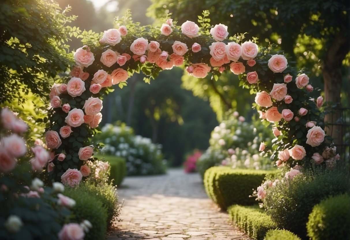 A pink rose archway spans a garden, surrounded by lush greenery and delicate flowers