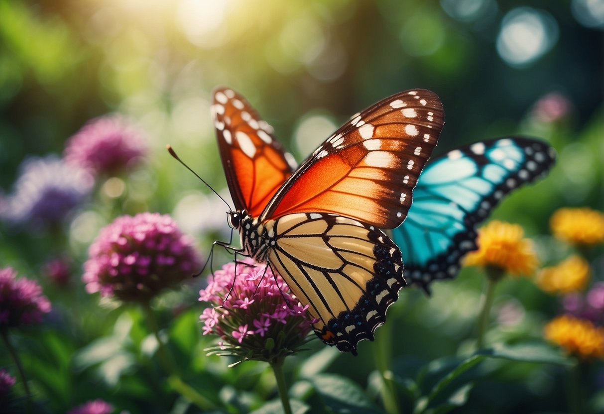 Colorful butterfly garden stakes adorn a vibrant garden, adding a whimsical touch to the lush greenery