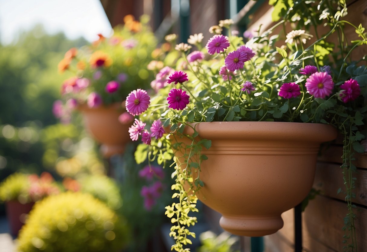 A colorful array of flowers and delicate vines cascade over whimsical planters, creating a charming and feminine garden oasis