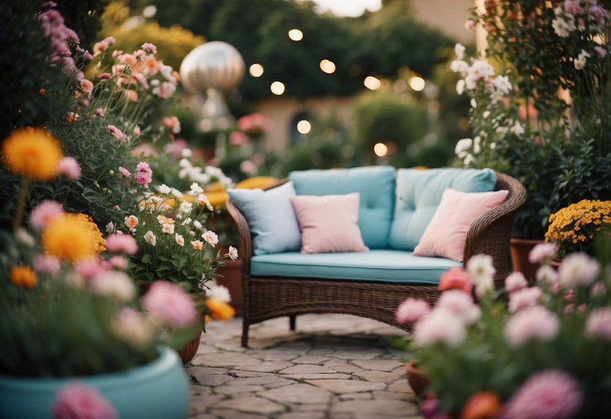 A colorful garden filled with pastel flowers, whimsical fairy lights, and delicate butterfly decorations. A cozy seating area with floral cushions and a small fountain completes the charming girly garden