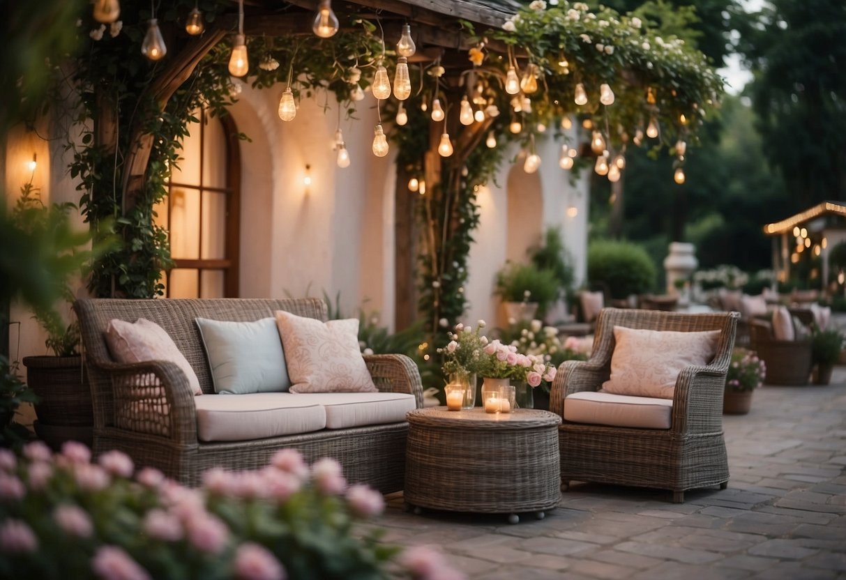 A charming garden with pastel flowers, twinkling string lights, and cozy seating areas. A whimsical fountain adds a touch of elegance to the girly ambiance