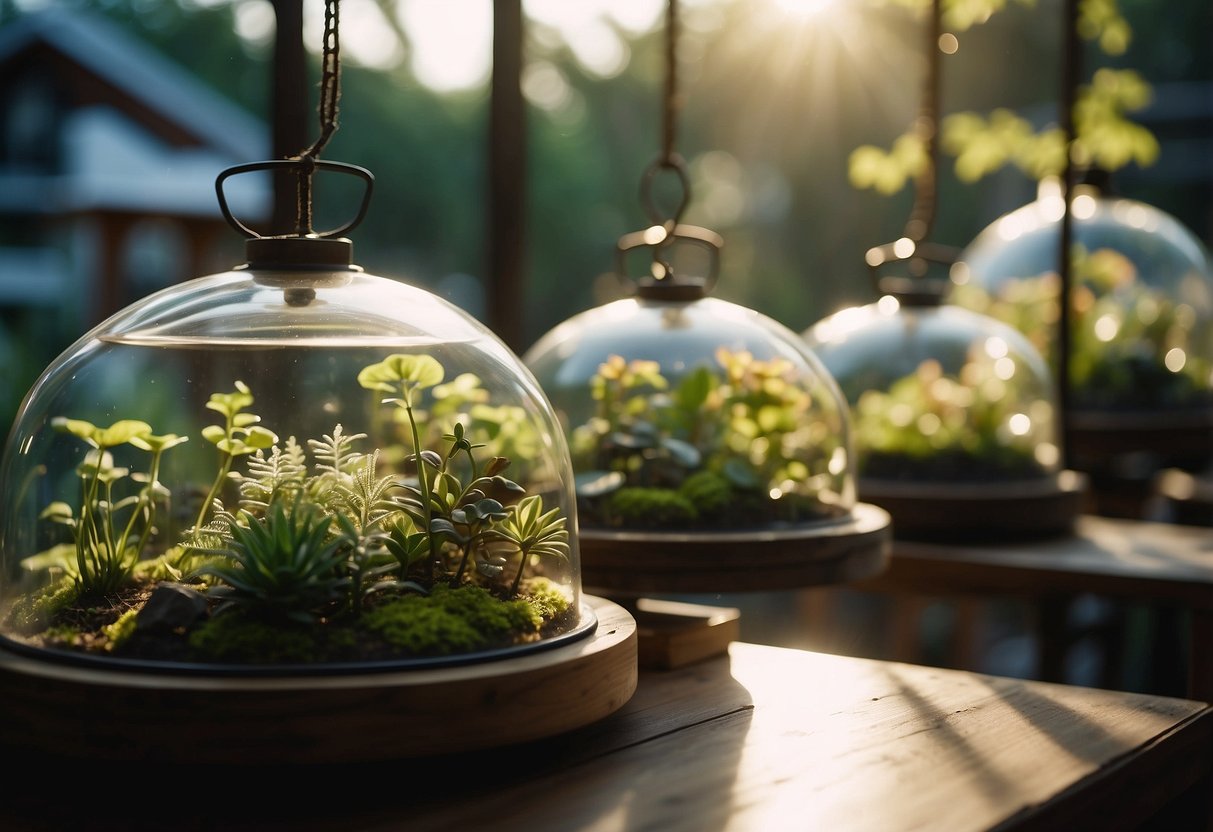 A garden filled with glass lid terrariums, hanging from tree branches and displayed on tables, reflecting sunlight and creating a magical, otherworldly atmosphere