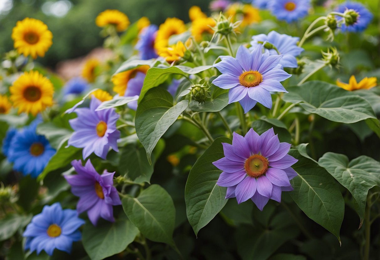 Morning glories and sunflowers intertwine in a vibrant garden, their colorful blooms creating a picturesque display of natural beauty