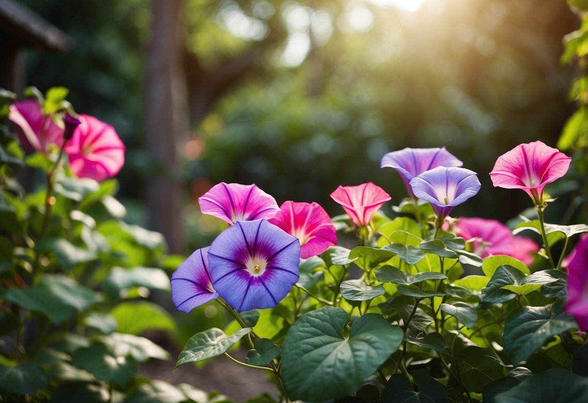 A hand reaches for vibrant morning glory blooms, surrounded by a variety of colorful flower varieties in a lush garden setting