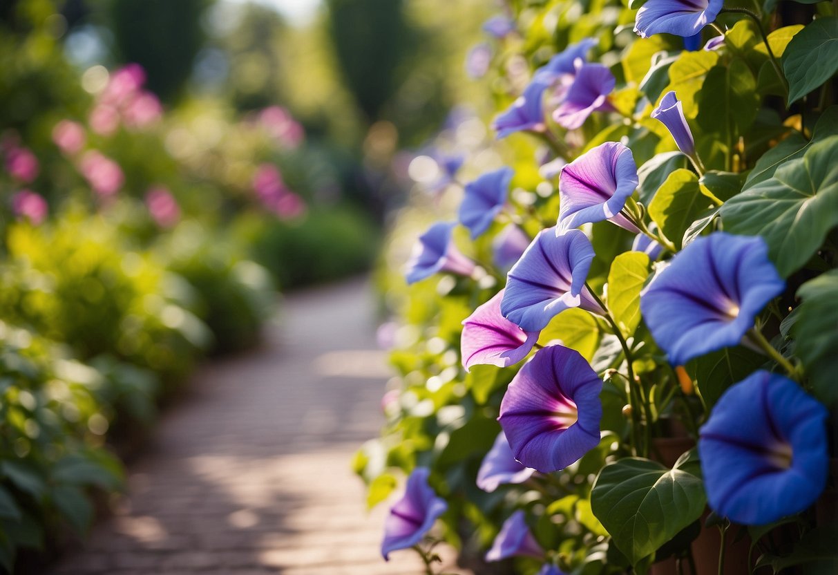 A winding pathway lined with vibrant morning glory flowers, their colorful blooms cascading over a trellis, creating a picturesque garden scene