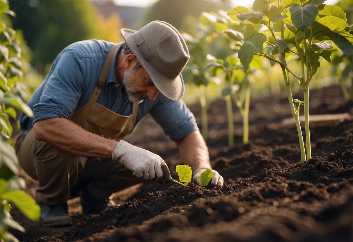 The gardener digs and tills the soil, then carefully plants morning glory seeds in neat rows, preparing for a beautiful flower garden