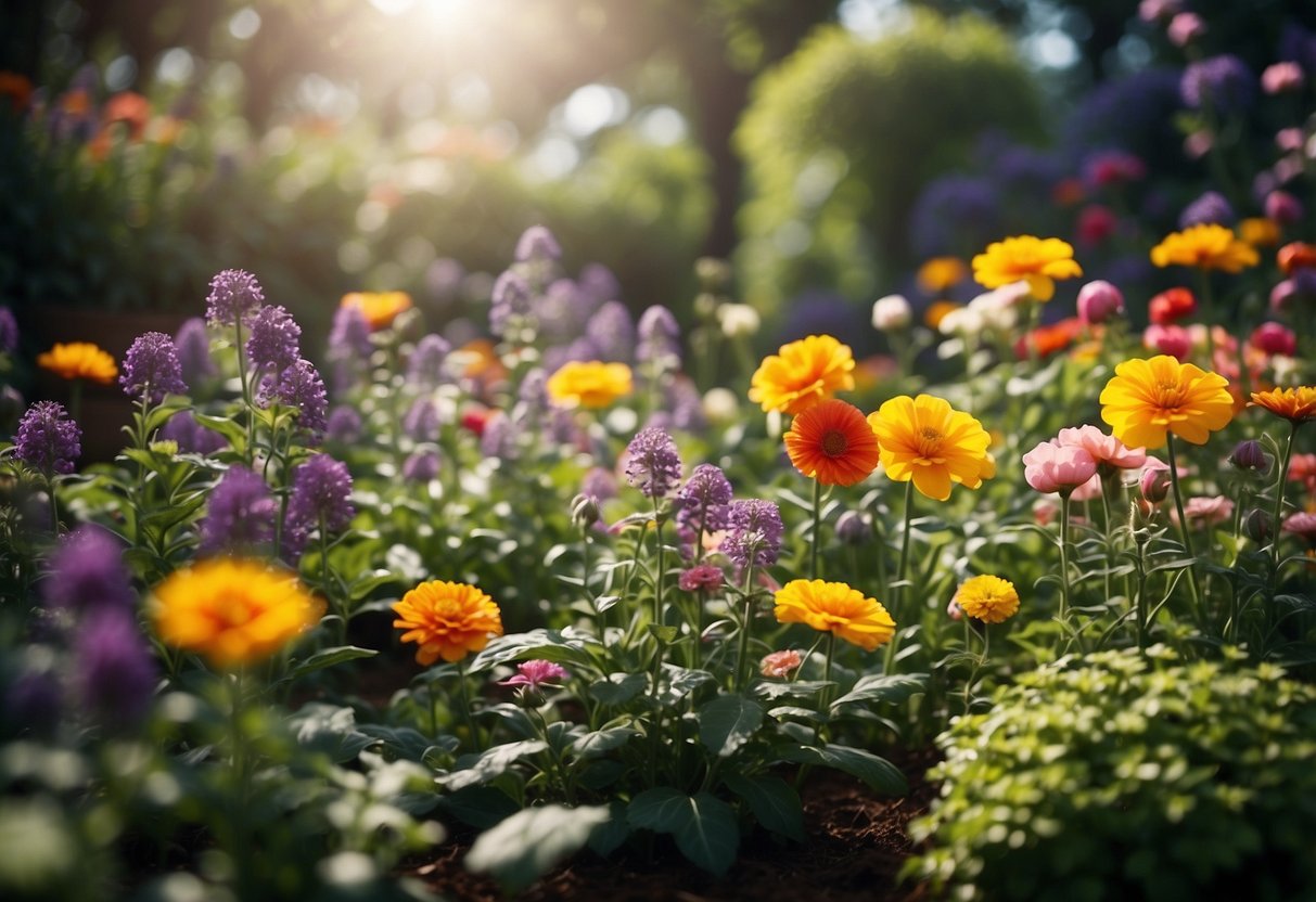 A vibrant flower garden with a variety of colorful blooms and lush green foliage, surrounded by a border of intricate stained glass panels