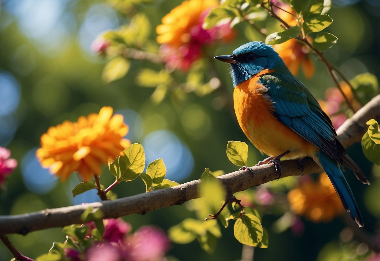 A colorful bird perches on a twisting branch, surrounded by vibrant flowers and foliage. The sunlight filters through the stained glass, casting a kaleidoscope of colors onto the garden