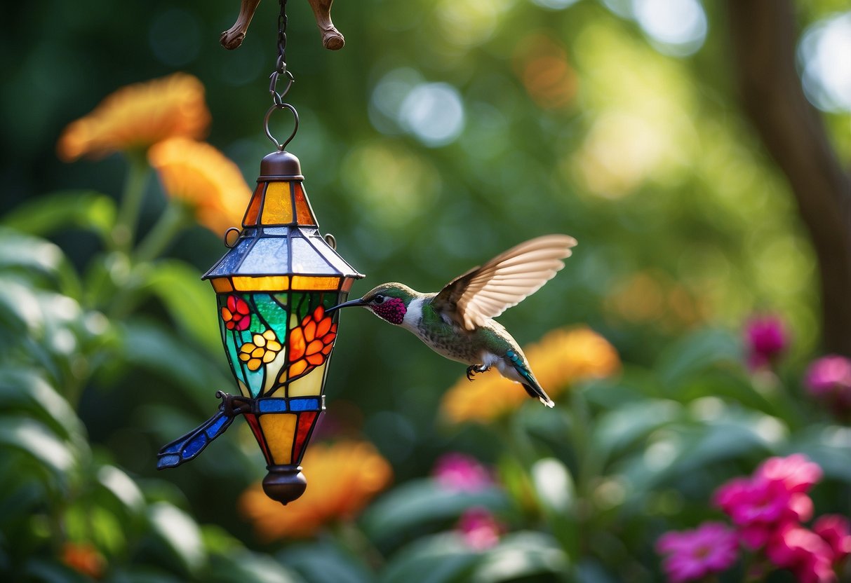 A colorful stained glass hummingbird feeder hangs from a tree in a lush garden, surrounded by vibrant flowers and foliage