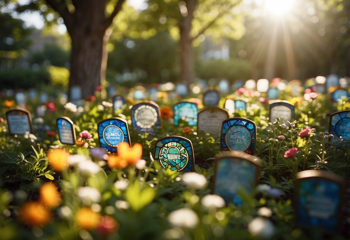 A lush garden filled with colorful stained glass name plaques hanging from trees and nestled among flowers. Sunlight filters through, casting vibrant patterns on the ground