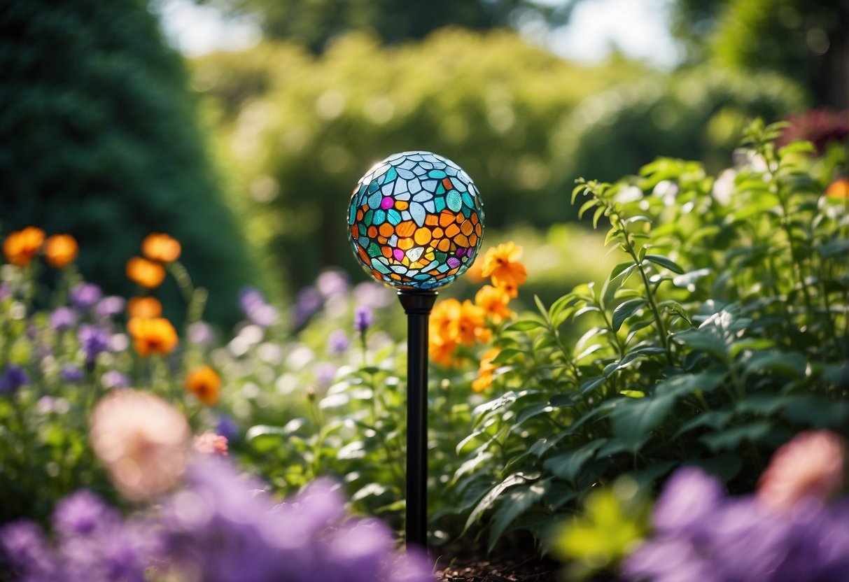 A colorful stained glass gazing ball stake stands tall in a vibrant garden, reflecting the surrounding flowers and greenery