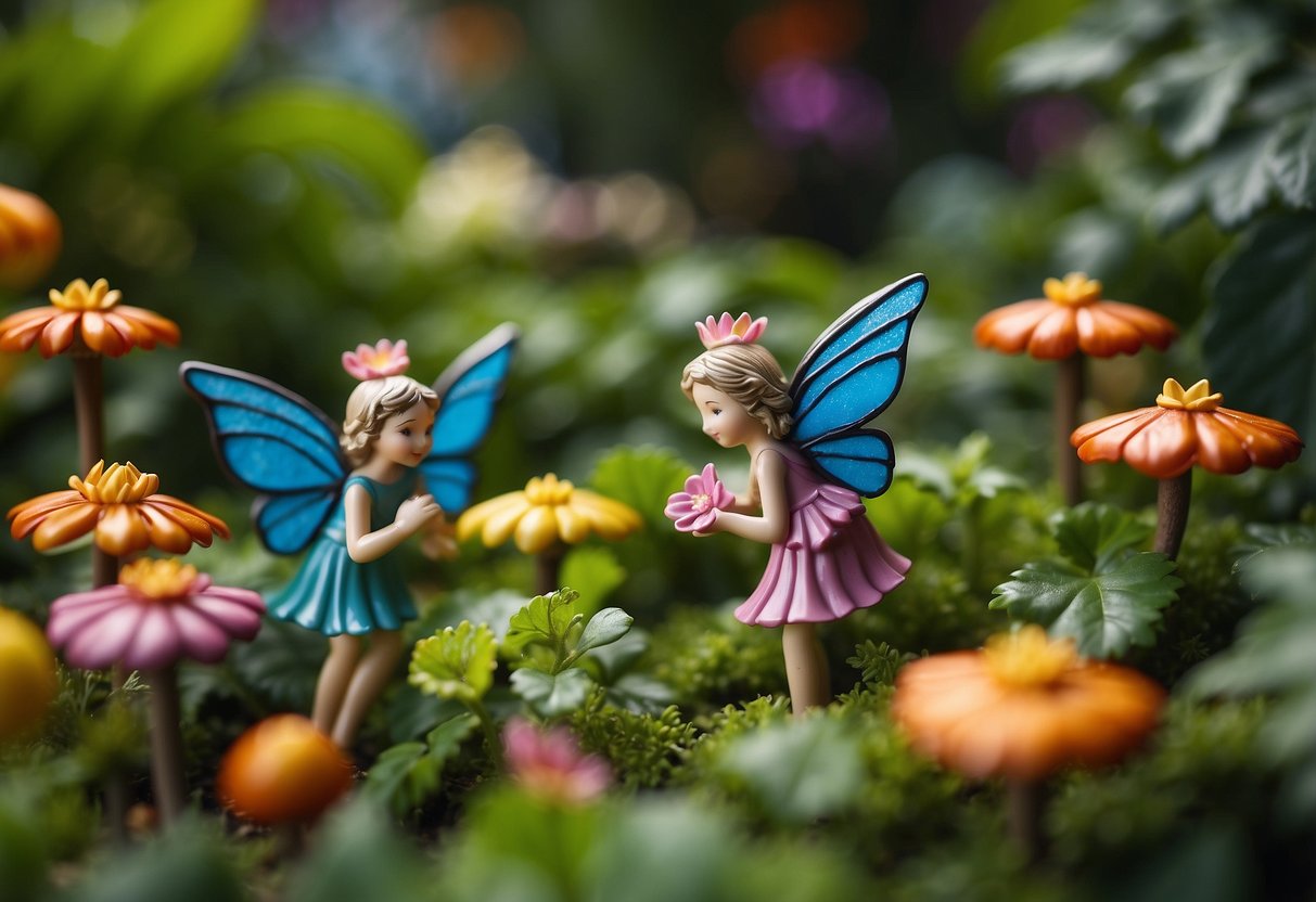 A lush garden with vibrant stained glass flowers and whimsical fairy figurines nestled among the foliage