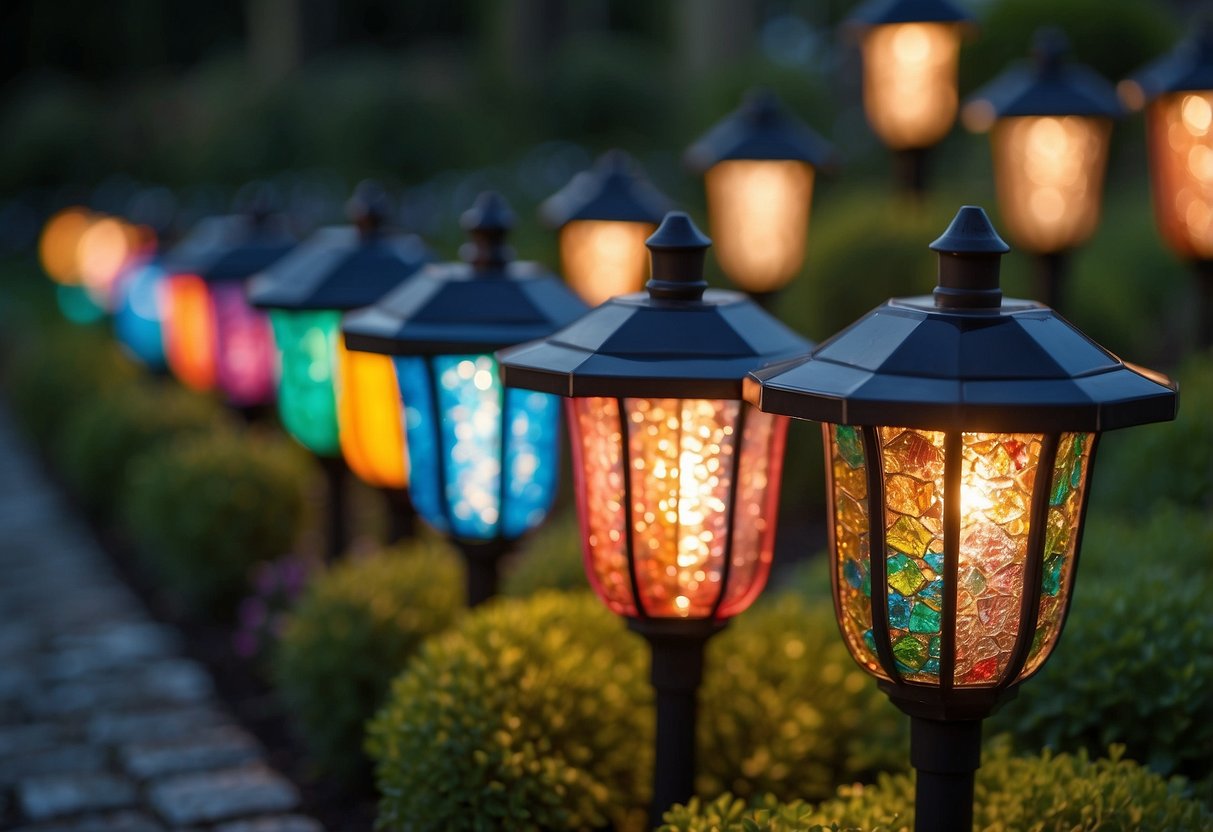 A row of solar path lights illuminating a garden, with colorful stained glass panels creating patterns of light and shadow