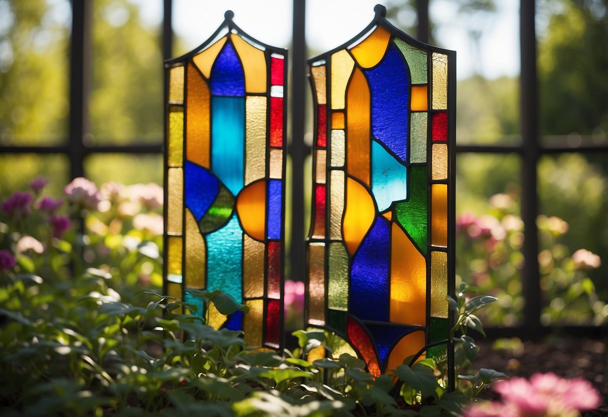 Vibrant stained glass panels hang from garden trellises, casting colorful patterns on the ground. Sunlight filters through the intricate designs, creating a whimsical and enchanting atmosphere