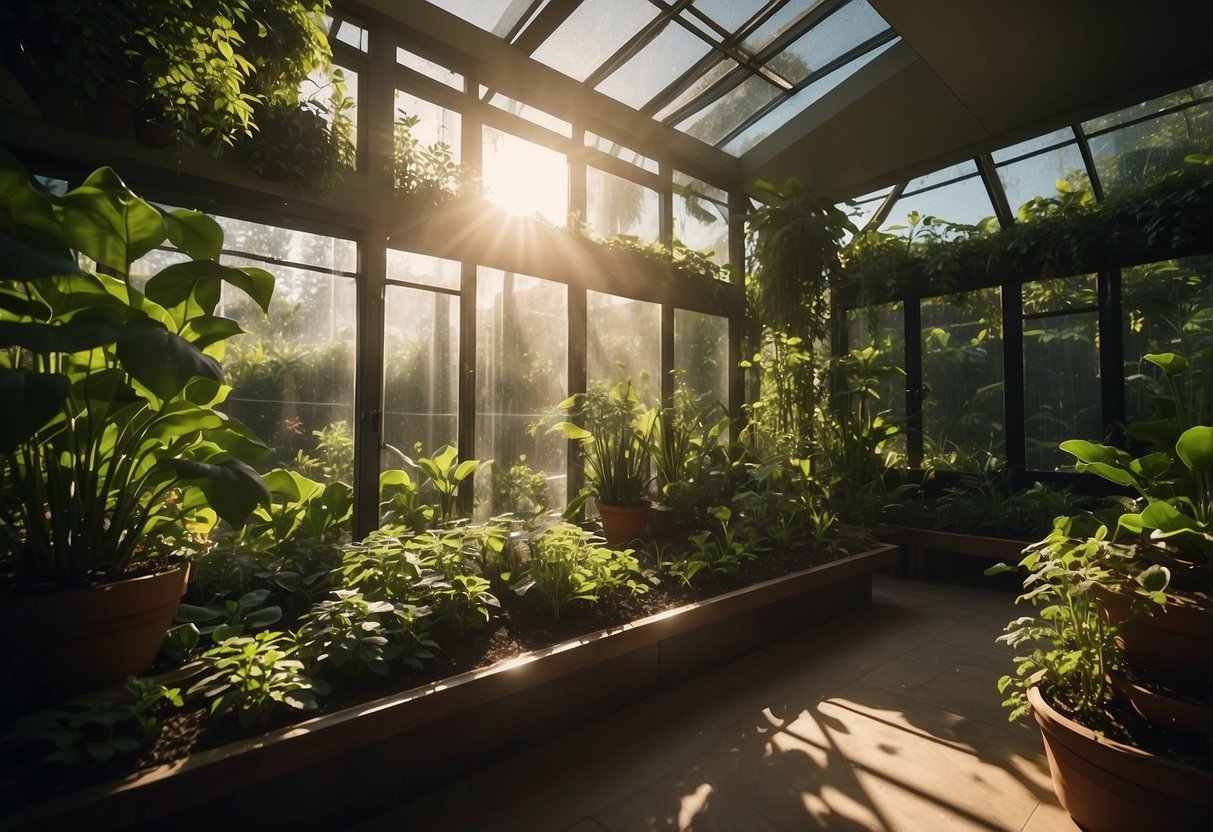 A lush garden fills a glass chamber, sunlight streaming through. Plants cascade from the ceiling, creating a serene, natural oasis