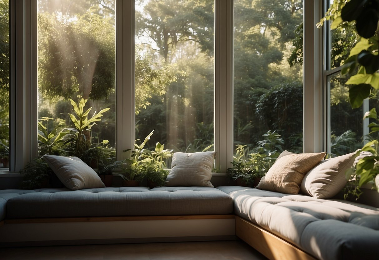 A cozy sunlit reading nook in a garden glass room, with lush greenery, comfortable seating, and natural light streaming in