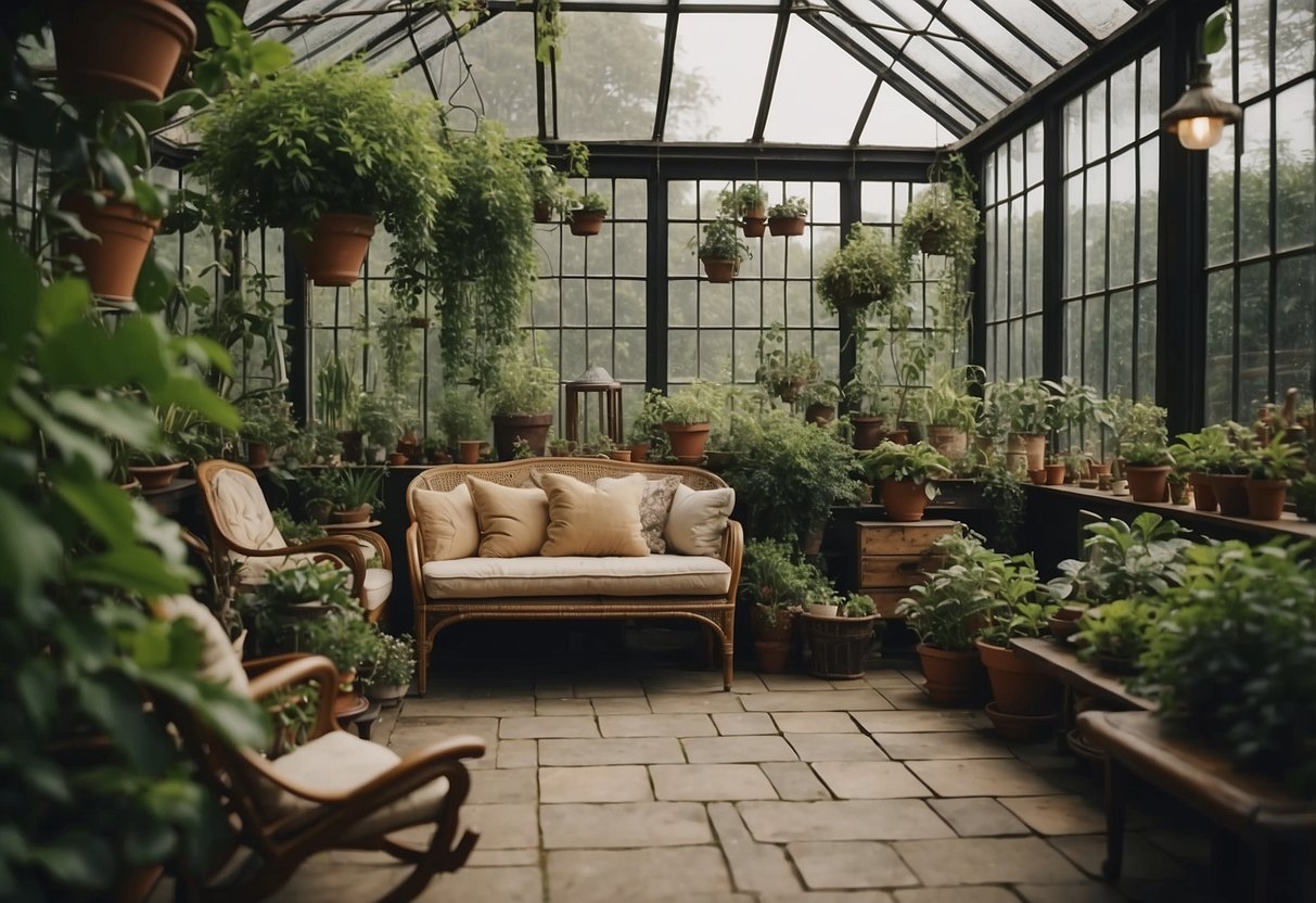 A vintage glasshouse patio garden with lush greenery, antique furniture, and hanging plants creating a cozy and inviting atmosphere