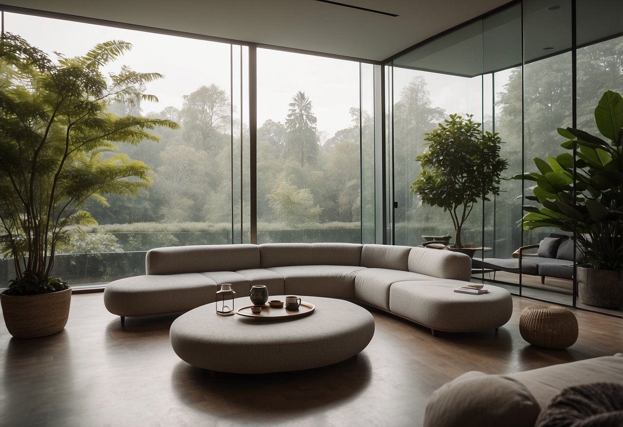 A glass-walled lounge with minimalist furniture surrounded by a tranquil Zen garden