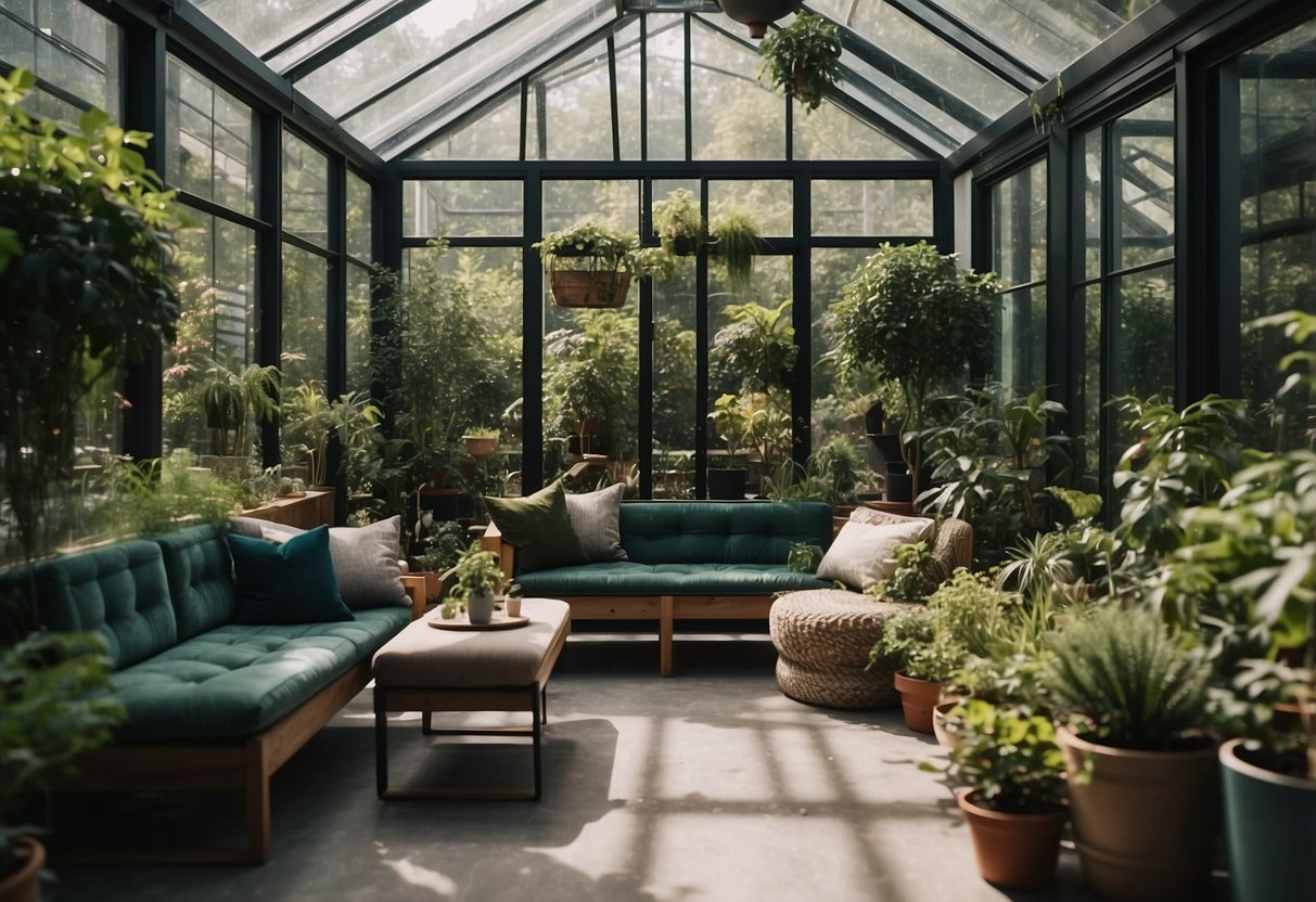 A glass-enclosed garden room in an urban workspace, filled with lush green plants and modern furniture