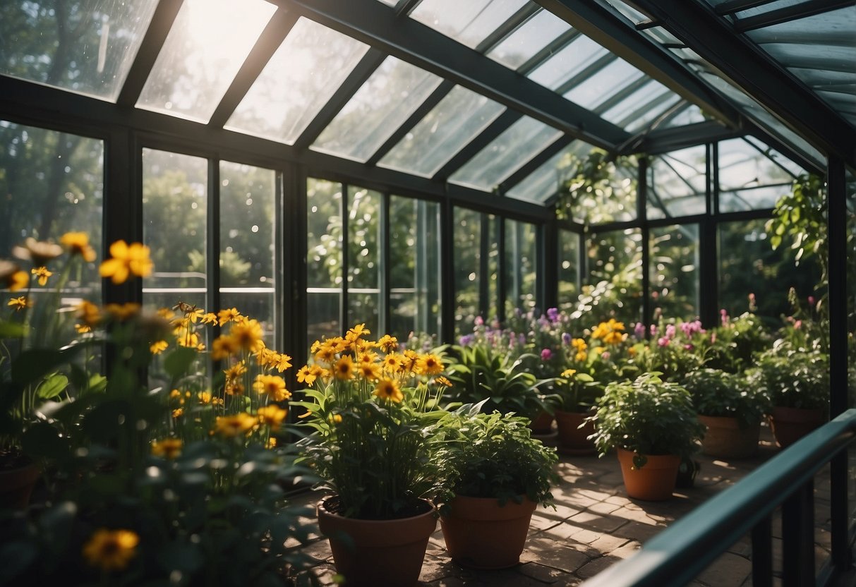 A lush conservatory filled with vibrant flowers and greenery, sunlight streaming through the glass walls and ceiling, creating a tranquil and serene atmosphere