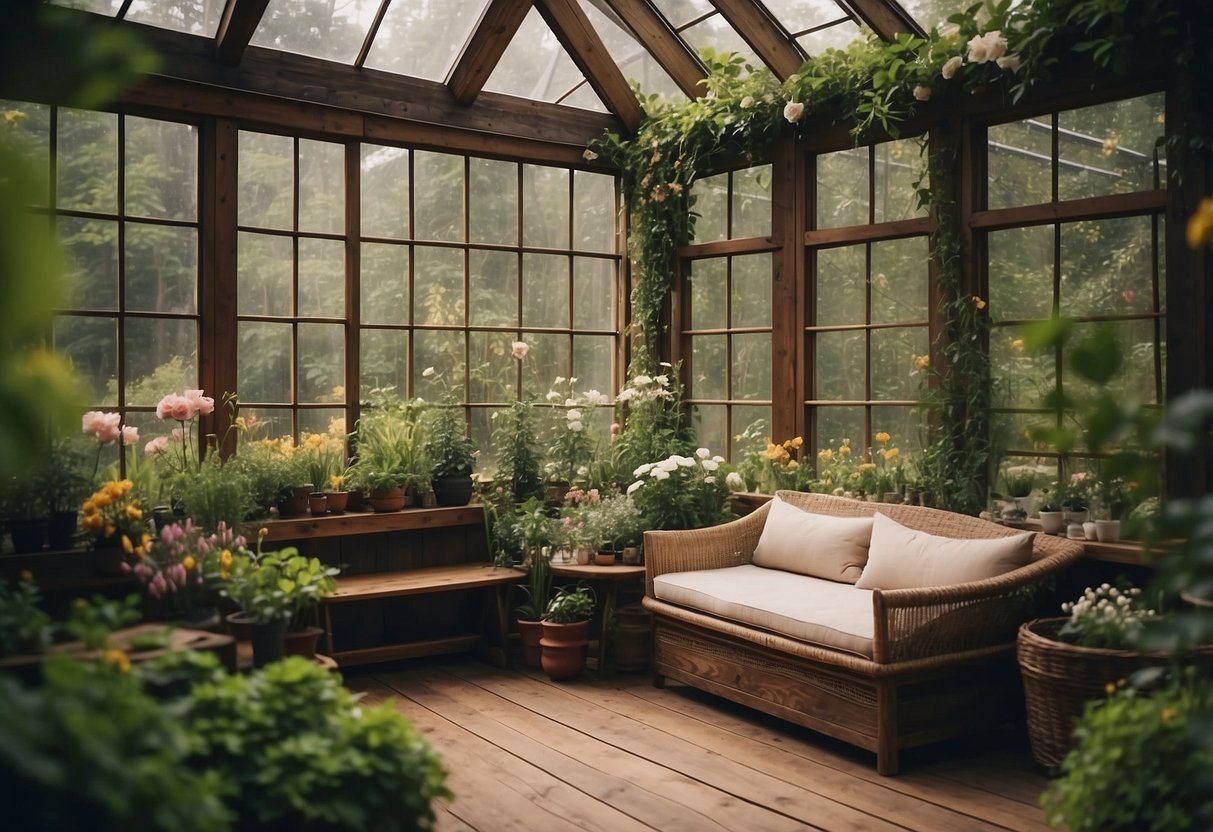 A cozy glass room nestled in a lush garden, surrounded by blooming flowers, winding vines, and rustic wooden furniture