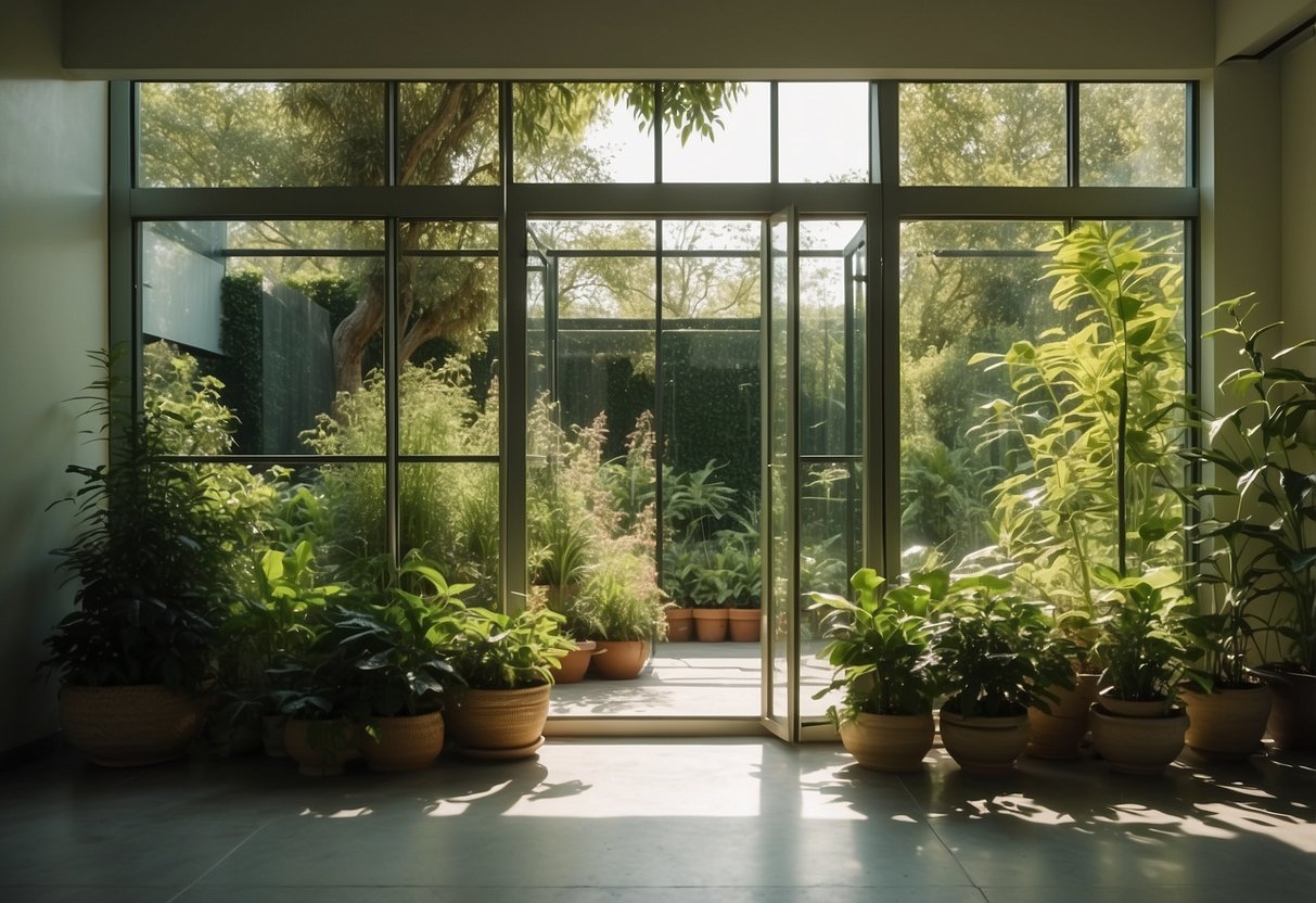 A glass-walled garden room with lush greenery, soft sunlight, and tranquil ambiance for meditation