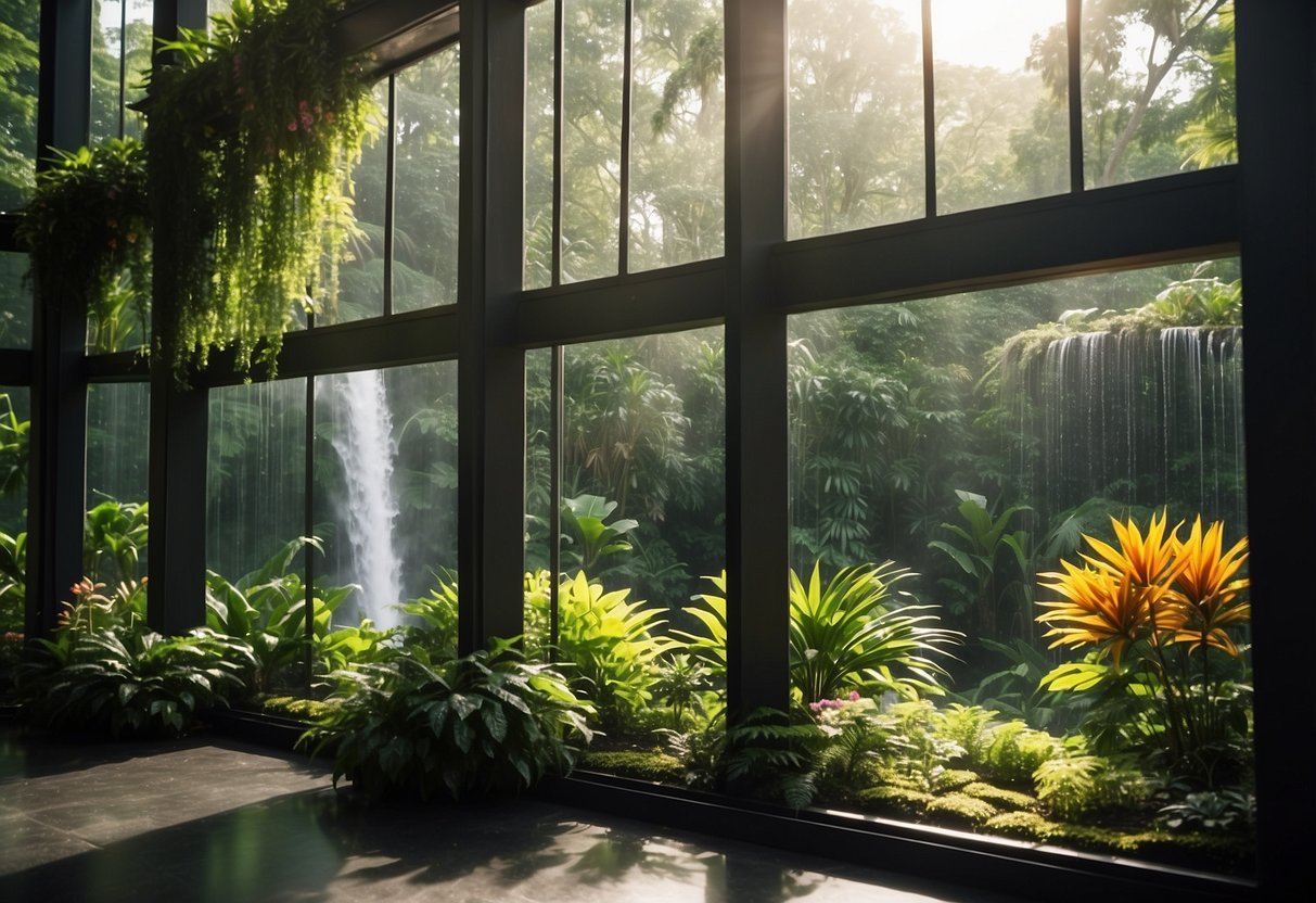 Lush greenery surrounds a sunlit glass room, with cascading waterfalls, vibrant flowers, and exotic plants creating a serene tropical oasis alcove