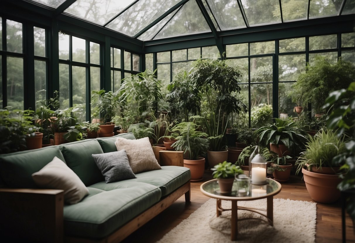 A garden glass room filled with lush green plants, cozy furniture, and soft lighting, creating a peaceful and inviting space for relaxation and enjoyment