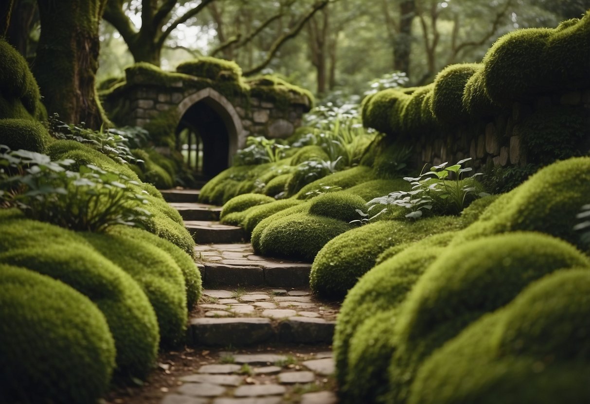 Moss-covered pathways wind through a lush goblincore garden, with overgrown plants, hidden nooks, and whimsical decorations scattered throughout