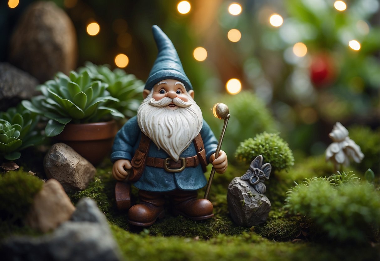 A vintage garden gnome stands among overgrown plants and moss-covered stones in a goblincore garden, surrounded by whimsical trinkets and fairy lights