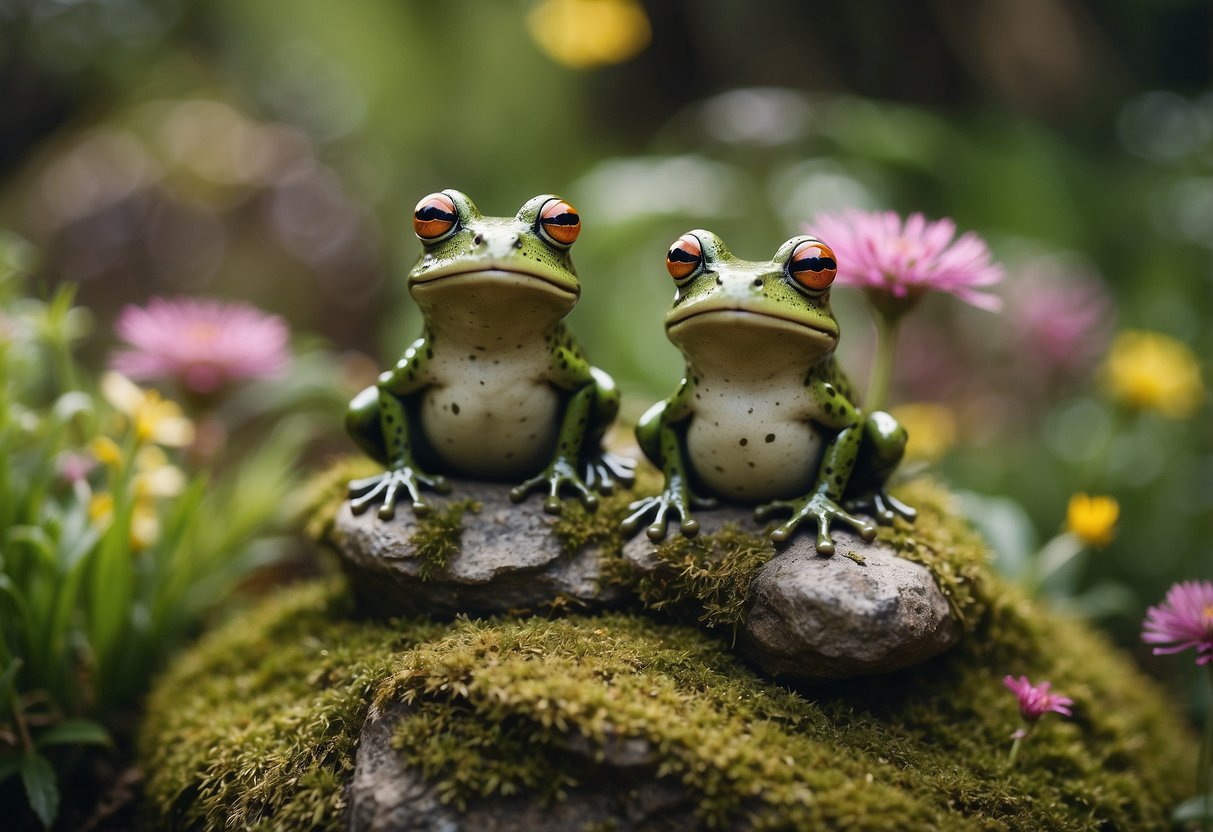 A garden filled with whimsical frog statues nestled among mossy rocks and wildflowers