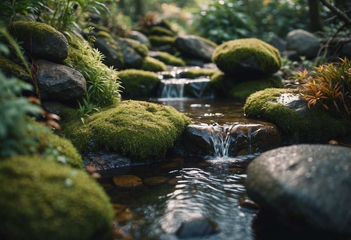 Rainwater-filled rock pools surrounded by mossy stones and overgrown plants in a whimsical goblincore garden