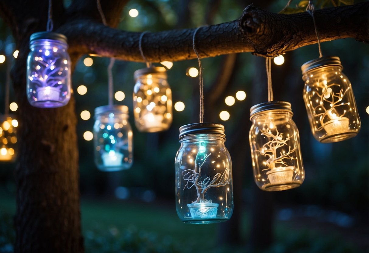 Mason jars hang from tree branches, filled with twinkling fairy lights. The goblincore garden is enchanted with whimsical and cozy ambiance