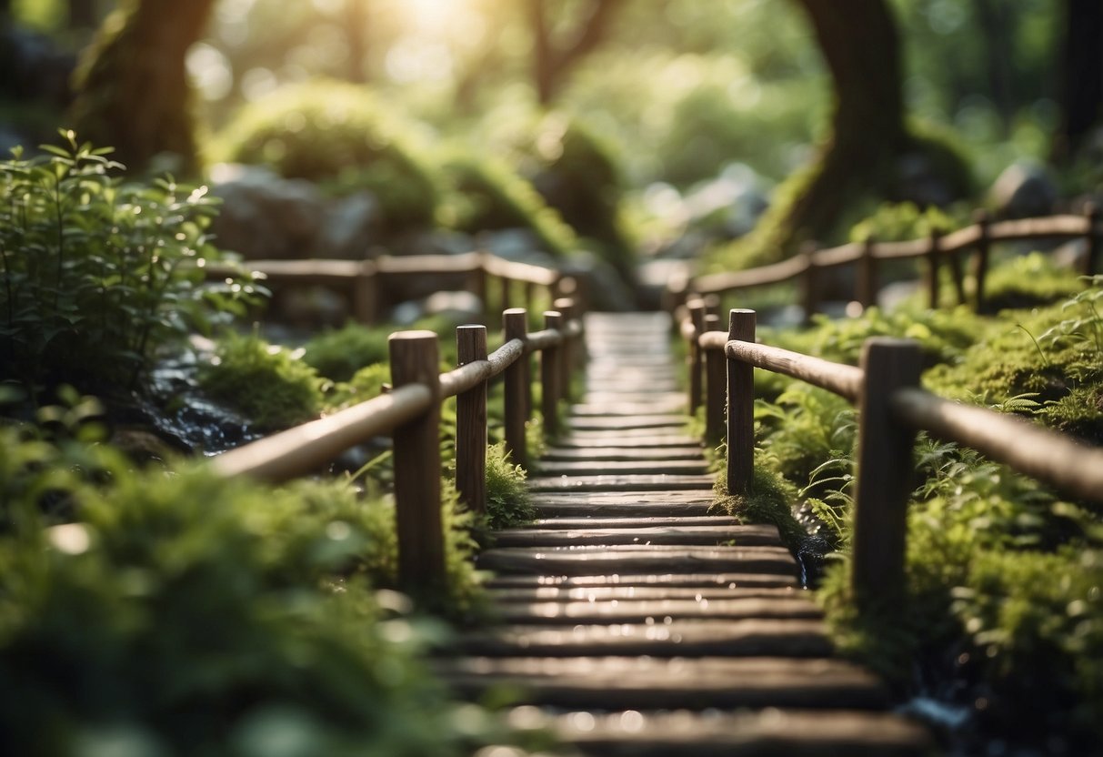 A small wooden bridge crosses a babbling brook in a whimsical garden, surrounded by lush greenery and tiny goblin-inspired decorations