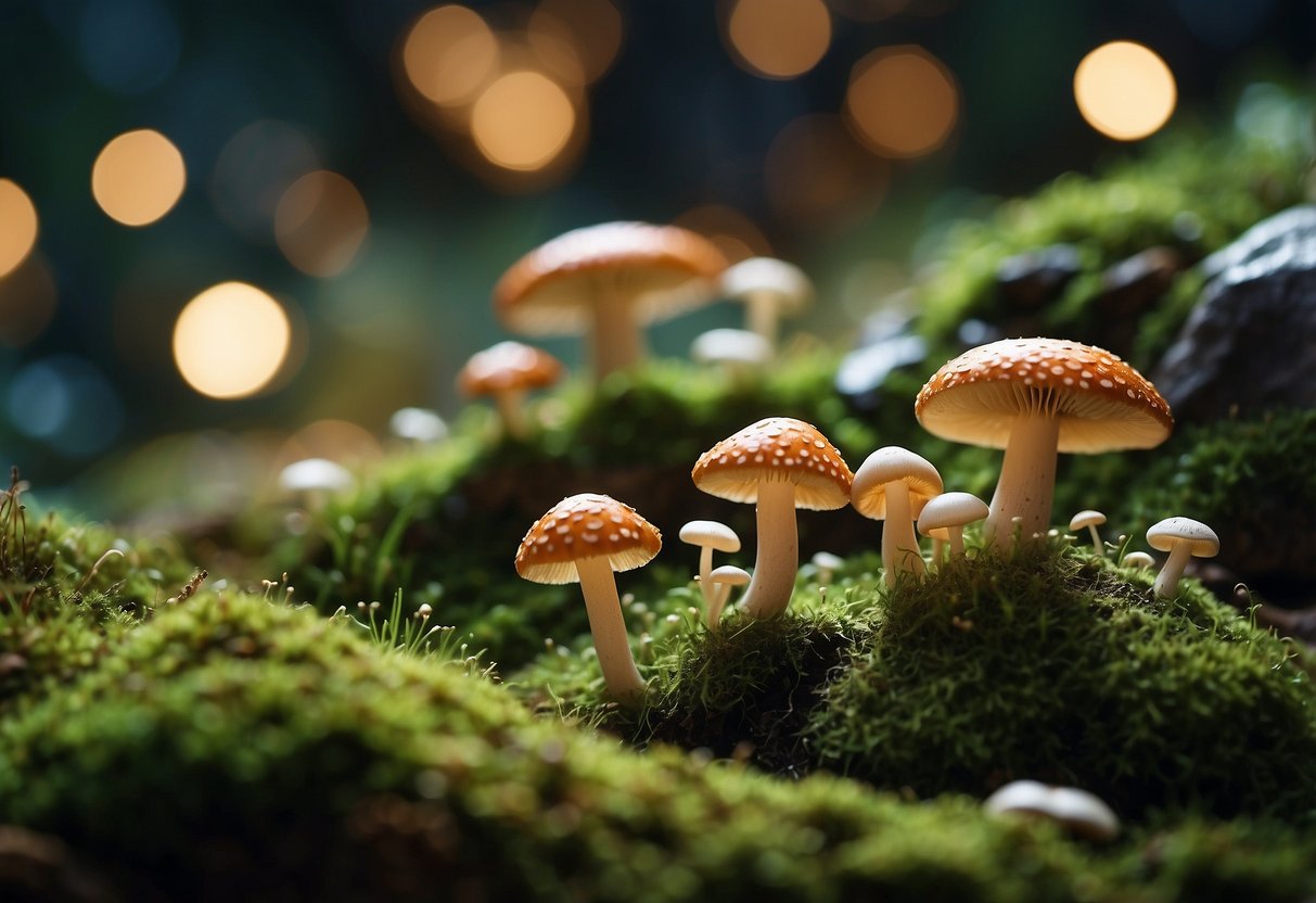 A whimsical garden with overgrown herbs, mushrooms, and hidden goblin homes, surrounded by twinkling fairy lights and moss-covered stones