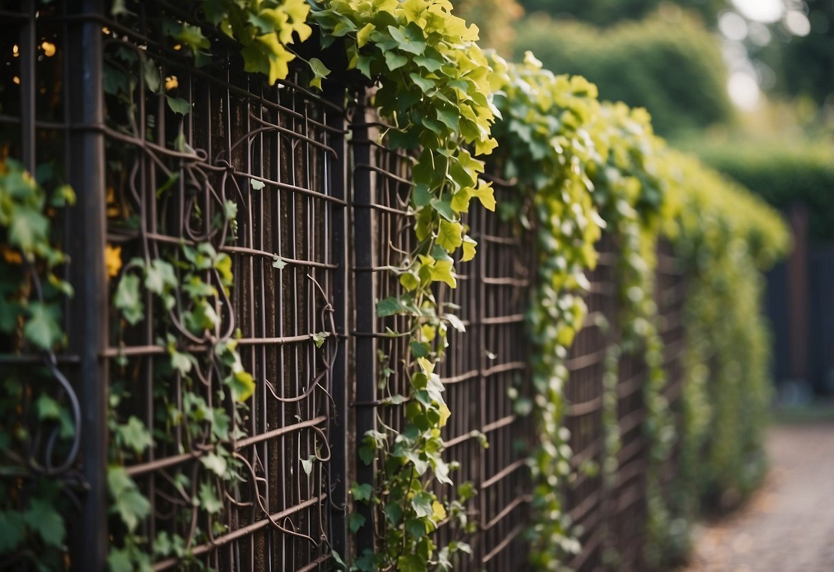 Rusty metal trellises entwined with ivy in a whimsical goblincore garden