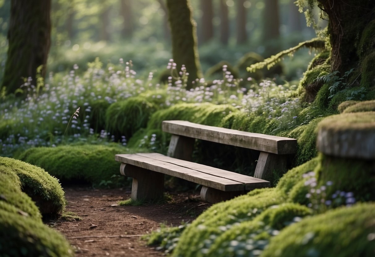 Stone benches covered in moss and ivy, surrounded by wildflowers and mushrooms, creating a cozy and overgrown goblincore garden setting