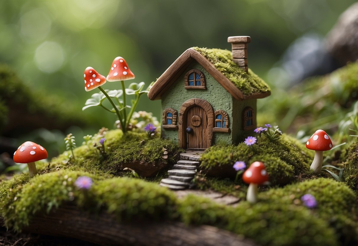 A goblin selects mossy stones, wildflowers, and gnarled branches for their garden. A small toadstool patch and a miniature fairy house add whimsy to the enchanted landscape