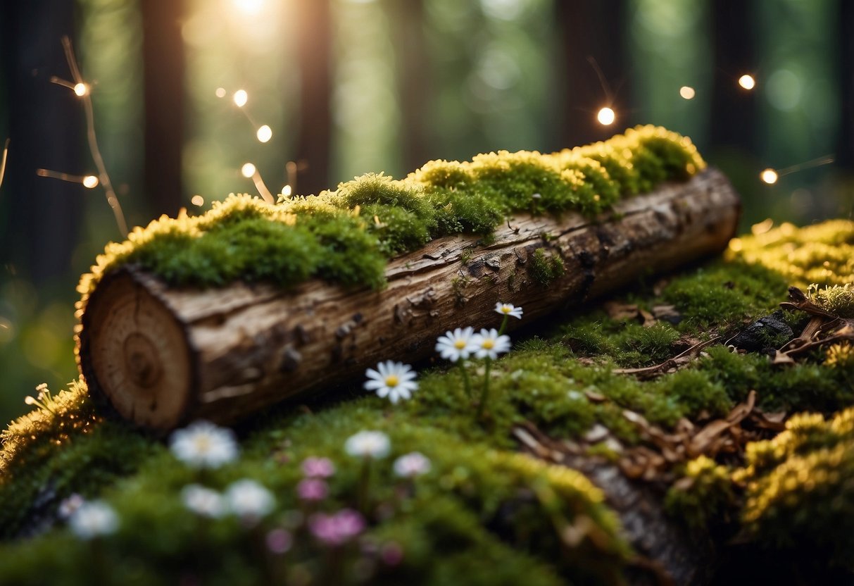 A moss-covered log serves as a cozy home for a family of goblins, surrounded by wildflowers, mushrooms, and twinkling fairy lights