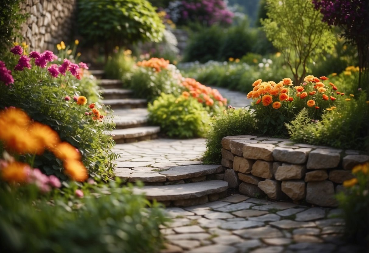 A winding garden path made of natural stone, surrounded by lush greenery and colorful flowers, leading to a cozy seating area