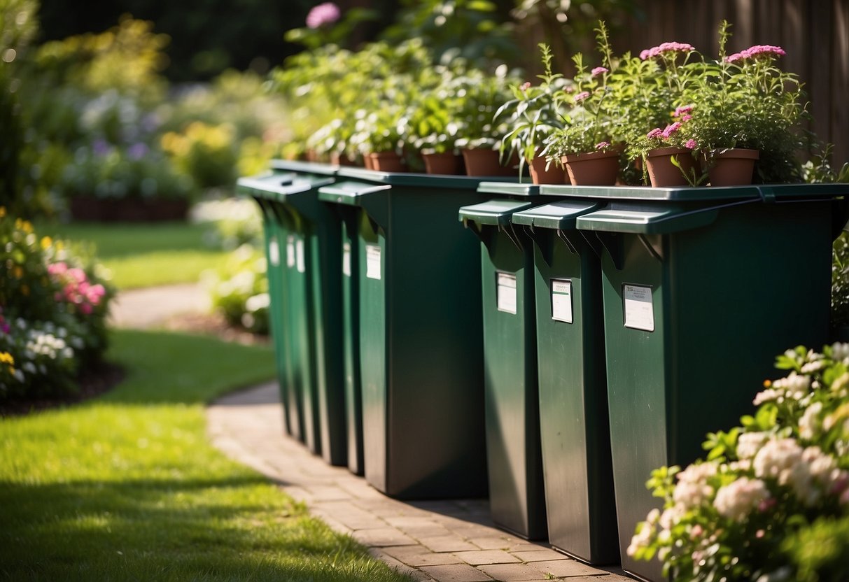 A lush garden with neatly arranged composting bins, surrounded by vibrant green plants and flowers. The sun shines down, casting dappled shadows across the area