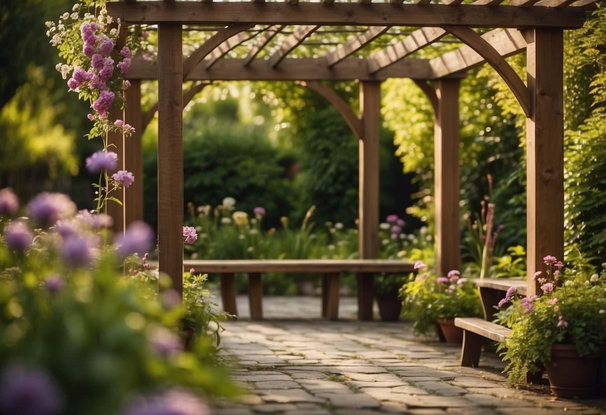 A wooden pergola stands in a lush green garden, surrounded by blooming flowers and vibrant foliage, creating a serene and inviting outdoor space