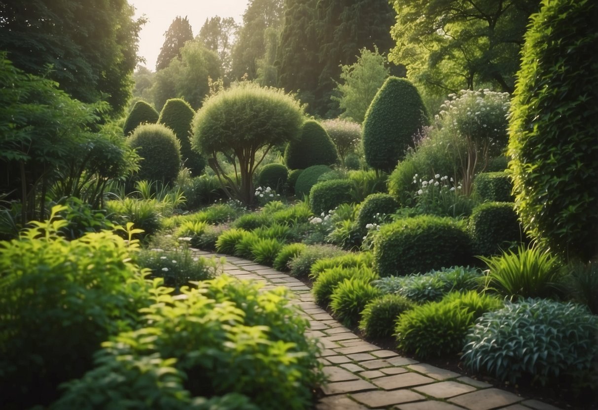 A lush garden with a variety of green plants and trees, arranged in a harmonious and aesthetically pleasing design