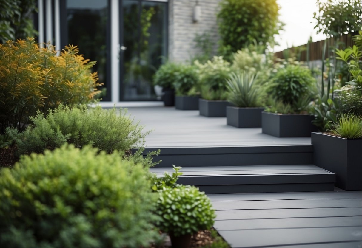 A modern garden with grey composite decking boards, surrounded by lush greenery and potted plants