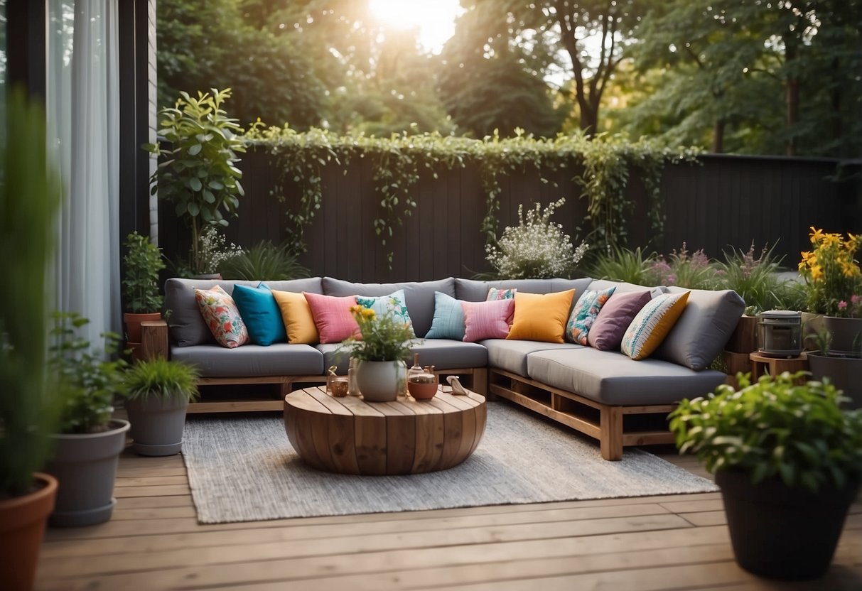 A grey outdoor sectional sofa sits on a wooden deck surrounded by a lush garden. The sofa is adorned with colorful throw pillows, and potted plants add to the cozy atmosphere