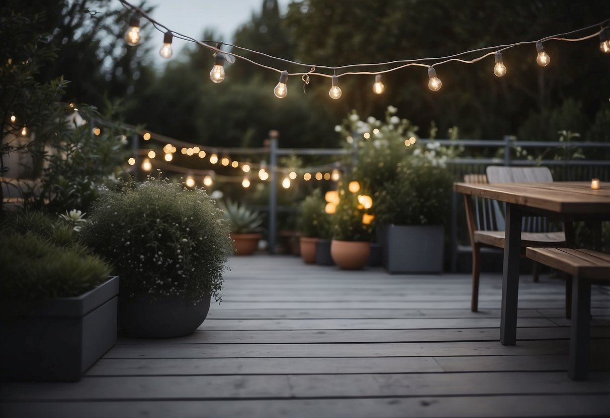 A garden with grey decking adorned with string lights, creating a cozy and inviting atmosphere